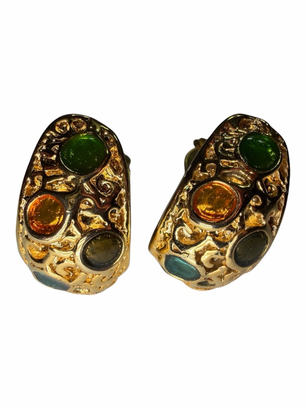 Vintage Gold Tone Art Glass Cabochon Statement Earrings | Bold  Clip-On Earrings